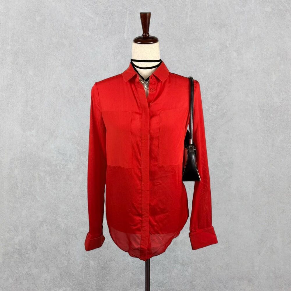 T by Alexander Wang Red Silk Blend Sheer Mesh Long Sleeve Men's Button Down